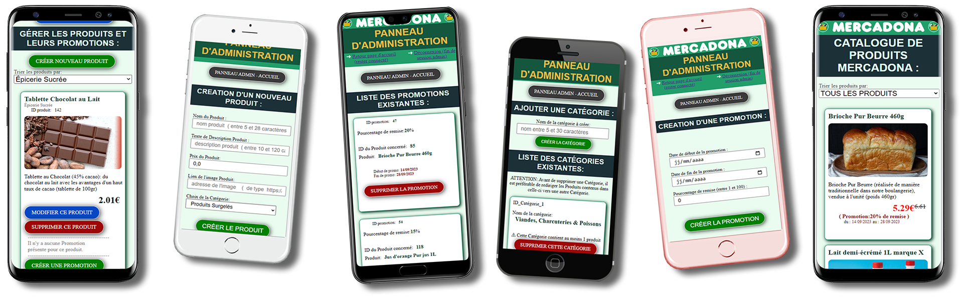 visuels des pages du site sur smartphones